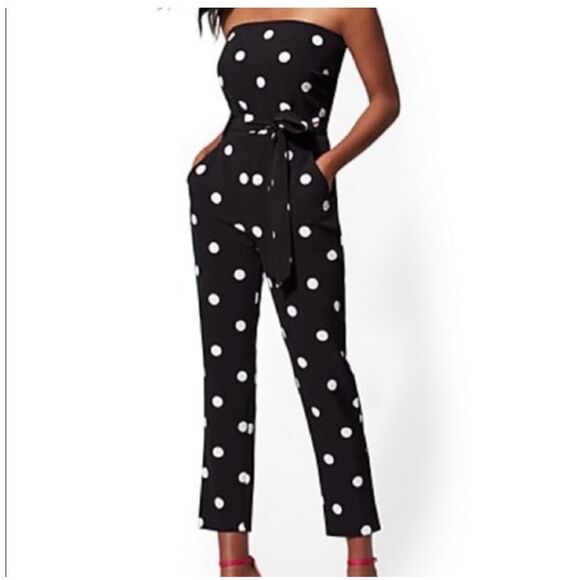 New York & Co. Navy Polka Dot Strapless Tie Belted Jumpsuit Sz XL NWT - Picture 1 of 9